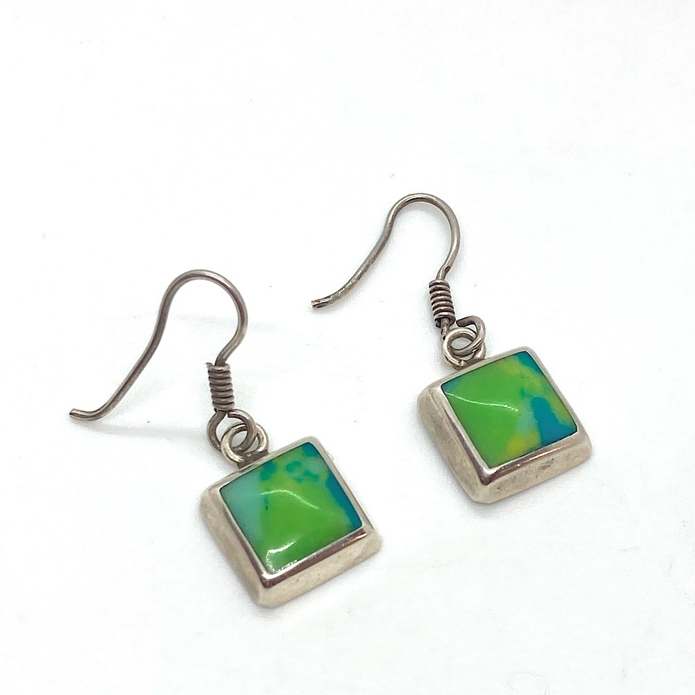 Vtg Mexican Calcite Stone Green Blue Square Dangle Shepherds Hook Earrings 1.2”